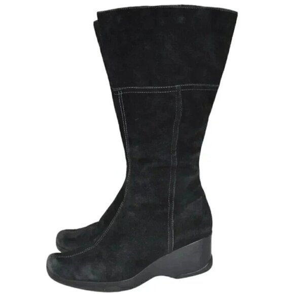 Vintage Hush Puppies Leather Suede Wedge Winter Boots Tall Black Size 9 - Picture 1 of 12